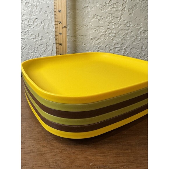 VTG Tupperware Square Plates (6) #1534 Lunch Picnic Camp Autumn Colors Avocado - Picture 10 of 10